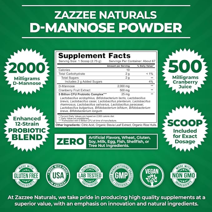 Zazzee D-Mannose Powder Plus, 2000 mg, 67 Servings, Potent & Fast-Acting, Plus 5 Billion CFU Probiotics and Pure Cranberry Juice Extract, Free Scoop, 6.5 Oz, Vegan, Gluten-Free, Non-GMO, All-Natural