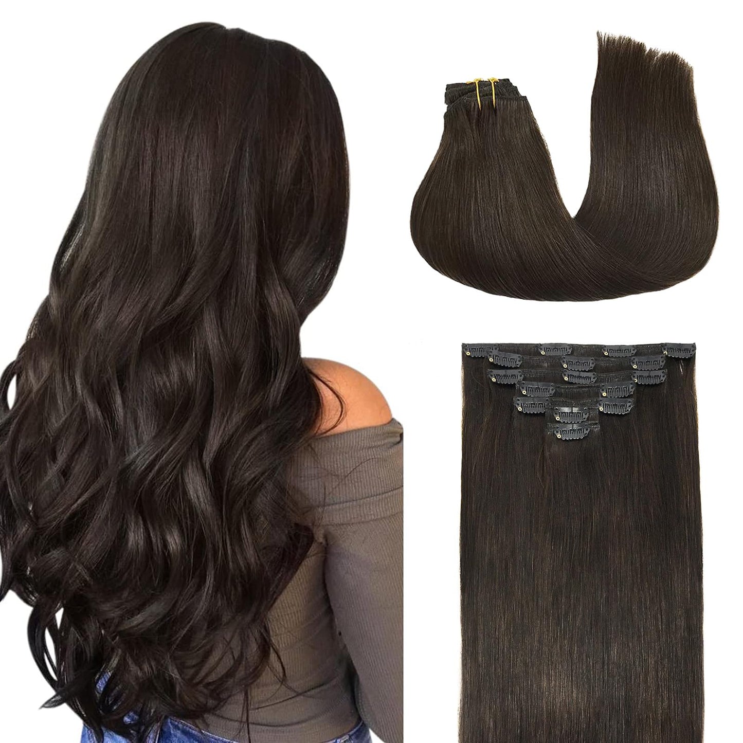 DOORES Clip in Hair Extensions Dark Brown 120g 7pcs 20 Inch Remy Human Hair Extensions Clip in Real Hair Extensions Natural Hair Straight Thick