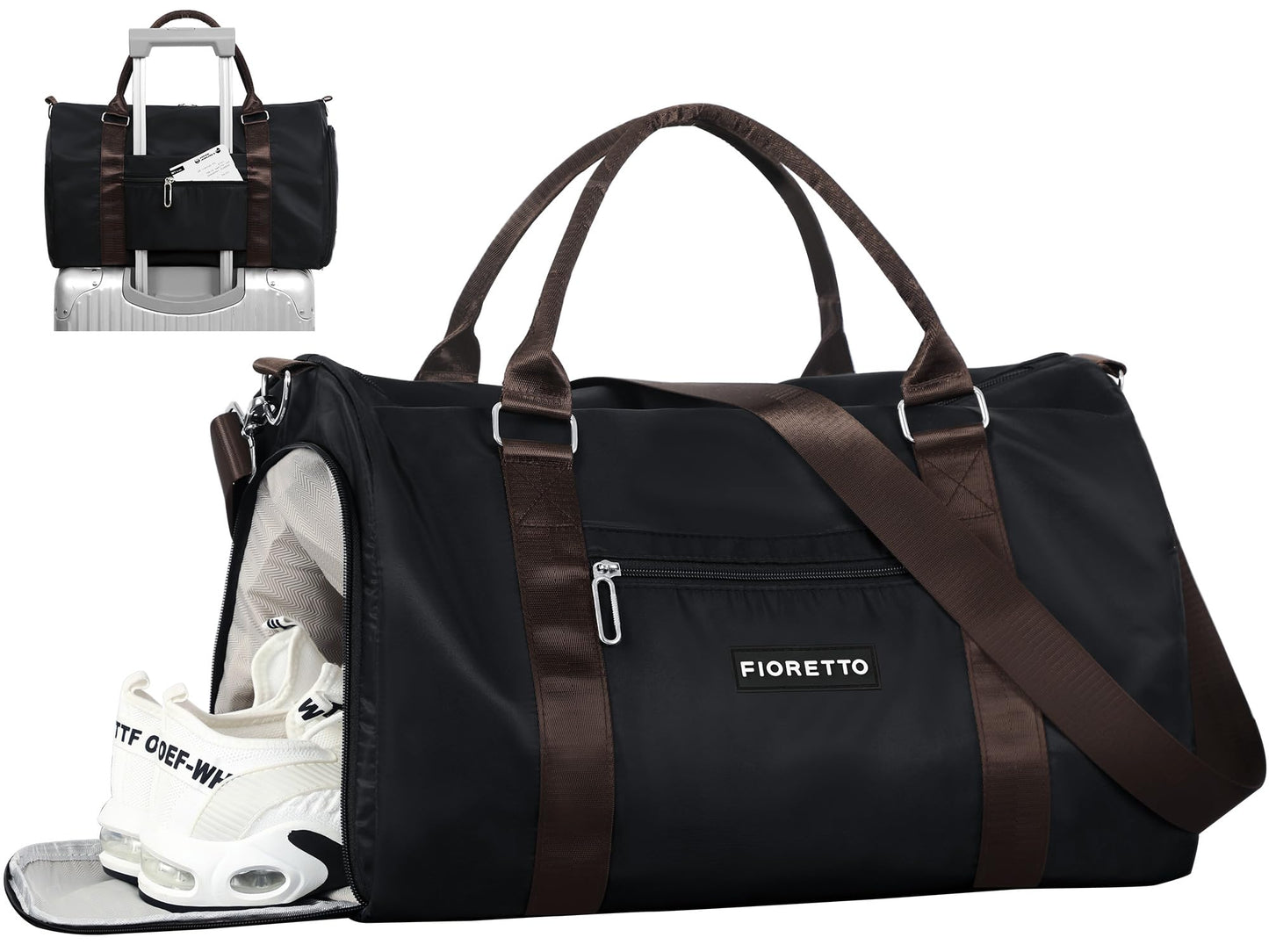 FIORETTO Womens Gym Tote Duffle Bag with Wet Pocket & Shoe Compartment, Sports Duffel Overnight Weekender Hospital Workout Carry on Bag for Girls, Ideal for Travel, Swimming, Dance, Ballet Black