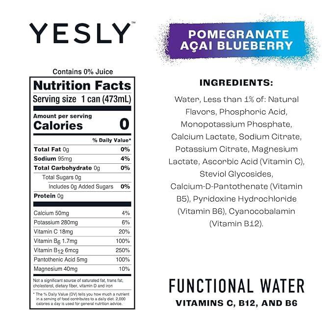 Yesly Functional Water, Pomegranate Acai Blueberry, Naturally Flavored Still Water with Electrolytes, Magnesium, Potassium, Vitamin C, B6 & B12, Zero Sugar, No Artificial Sweeteners, 16 Fl Oz Cans, 12 Pack