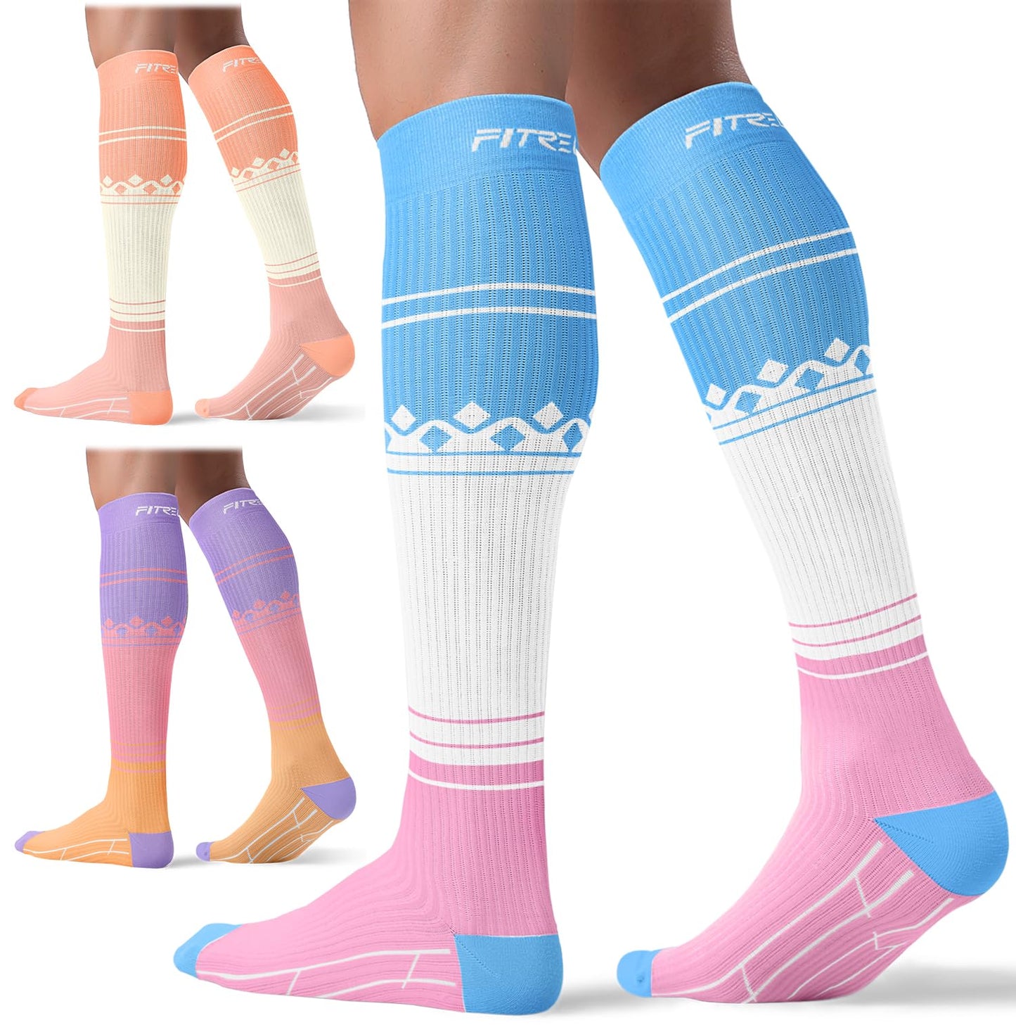 FITRELL 3 Pairs Compression Socks for Women and Men 20-30mmHg- Support Socks for Travel, Running, Nurse, Knee High Socks, Bliss Cream, S/M