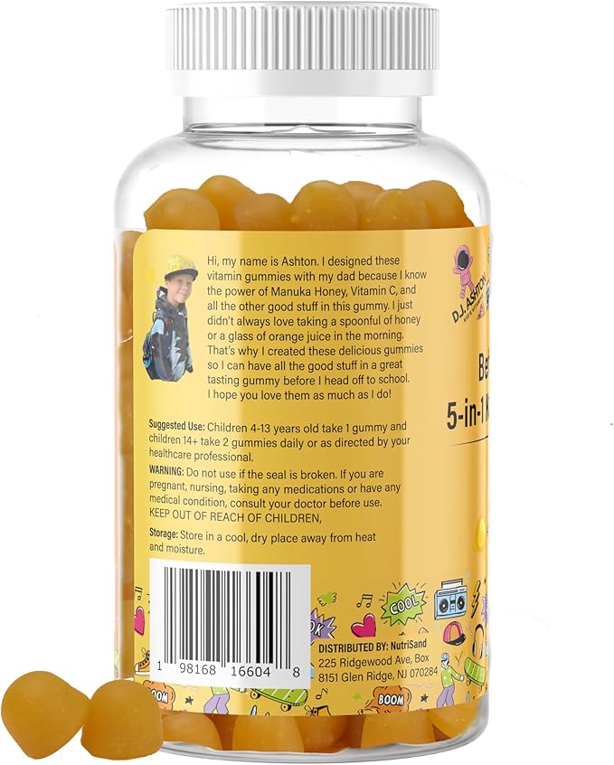 5-in-1 Kid's Immune Support Gummy, Manuka Honey, Vitamin C, Zinc, Echinacea, Ginger, Gummy Supplement, Essential Immune Support Gummies for Daily Use, Natural Citrus Flavored - 60 Count
