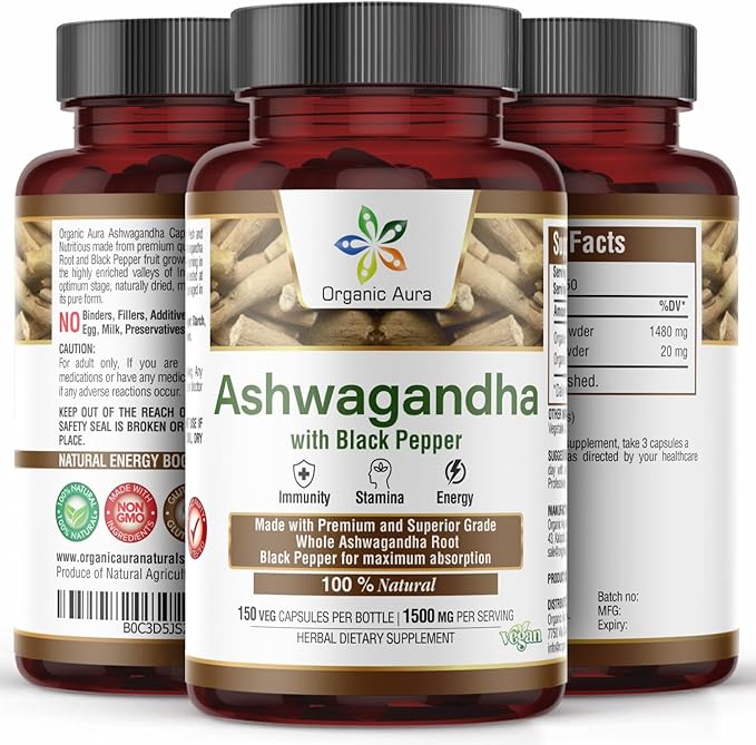Ashwagandha with Pepper Capsules 1500mg -150 Veg Capsules. Non GMO - Gluten Free.