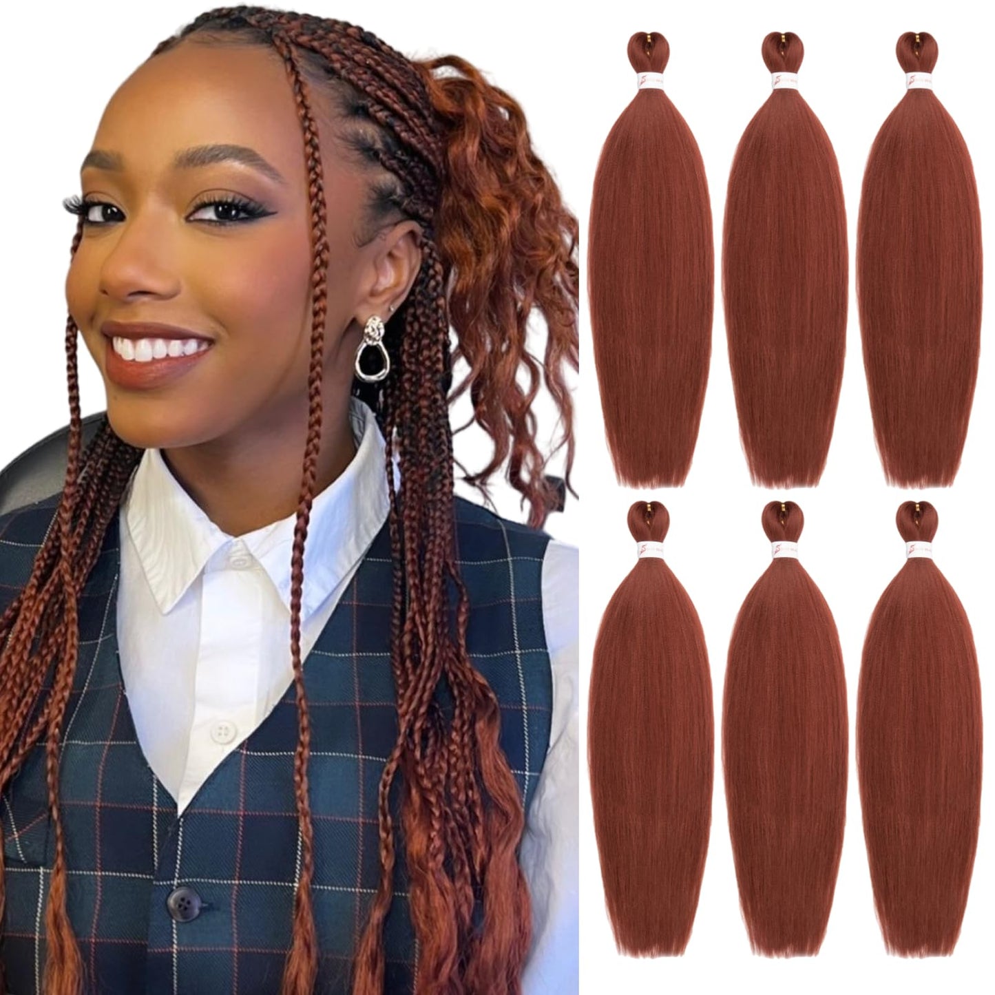 Ginger Braiding Hair Pre stretched 6 Packs 24 Inch Synthetic Braiding Hair Prestretched,Natural Easy Twist Braids Hot Water Setting Professional Soft Yaki Straight Texture (#350)