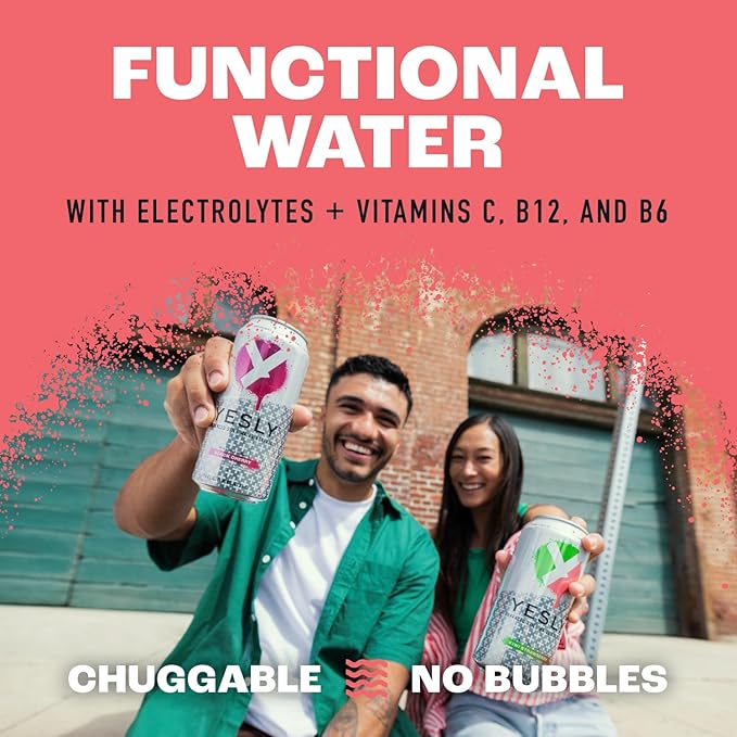 Yesly Functional Water, Kiwi Strawberry, Naturally Flavored Still Water with Electrolytes, Magnesium, Potassium, Vitamin C, B6 & B12, Zero Sugar, No Artificial Sweeteners, 16 Fl Oz Cans, 12 Pack