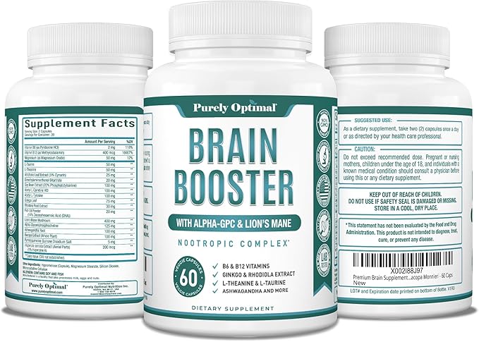 Purely Optimal Brain Supplement for Memory and Focus - Nootropic Support with Lion’s Mane, Alpha-GPC, Ginko Biloba, & Bacopa Monnieri - 60 Capsules