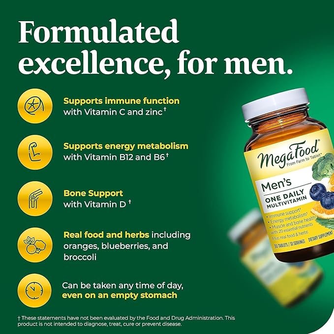 MegaFood One Daily Mens Multivitamins - Multivitamin for Men - Vitamin C, Vitamin D3 & Vitamin B12 - Muscle, Energy Metabolism & Immune Support - Vegetarian, Gluten Free - 30 Tablets, 30 Servings