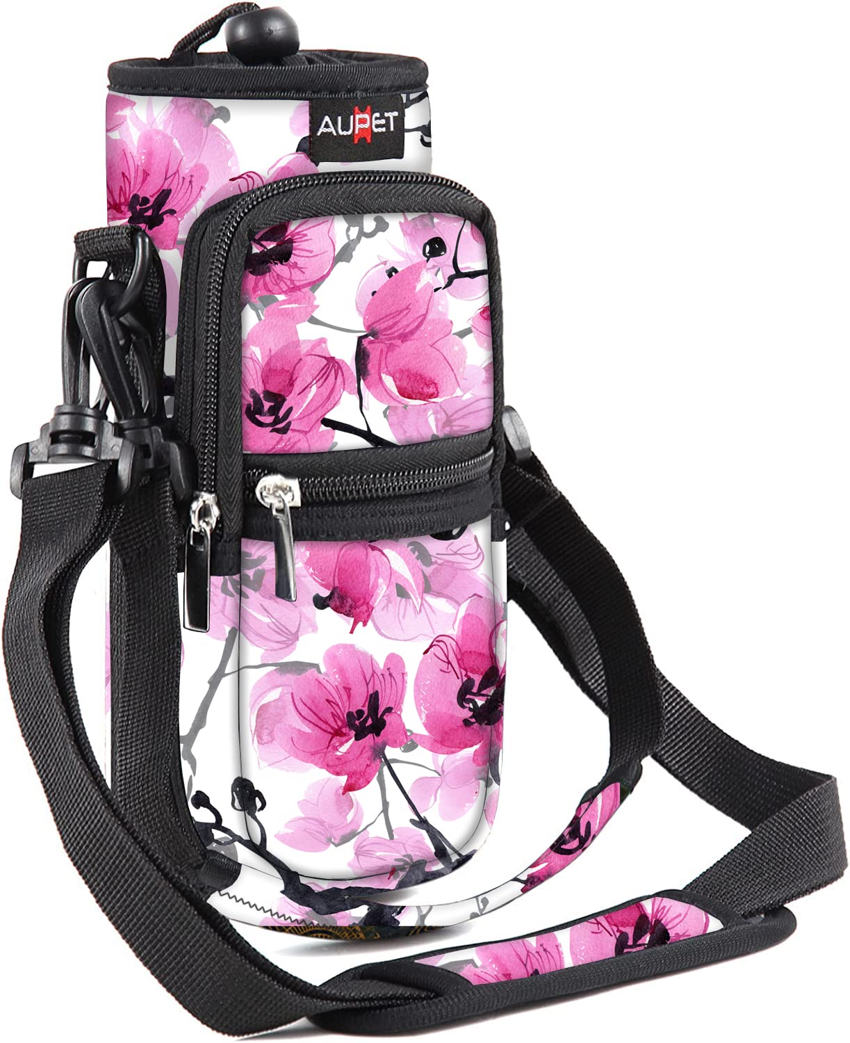 AUPET Water Bottle Sling Bag Sleeve Holder Carrier 25/32/40/64 oz,Insulated Crossbody Water Bottle Case Cover with Strap and Pockets for Men/Women Walking Hiking Camping (25oz, pink flower)