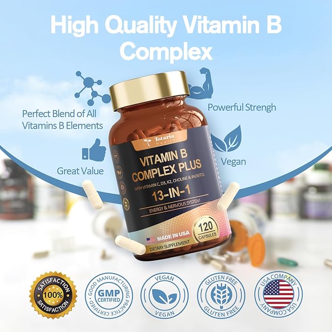 13-in-1 Vitamin B Complex Plus with Vitamin B1, B2, B3 (Niacin), B4, B5, B6, B7 (Biotin), B8 (Inositol), B9 (Folate), B12, C, D3, K2 for Energy, Nerve, Immune, Skin - 120 Caps per Bottle - 2 Bottles