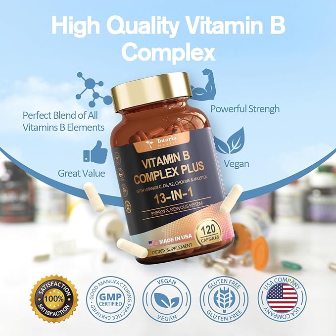 13-in-1 Vitamin B Complex Plus with Vitamin B1, B2, B3 (Niacinamide), B4, B5, B6, B7 (Biotin), B8 (Inositol), B9 (Folate), B12, C, D3, K2 - Energy, Nerve, Immune, Skin Support - 120 Vegan Capsules