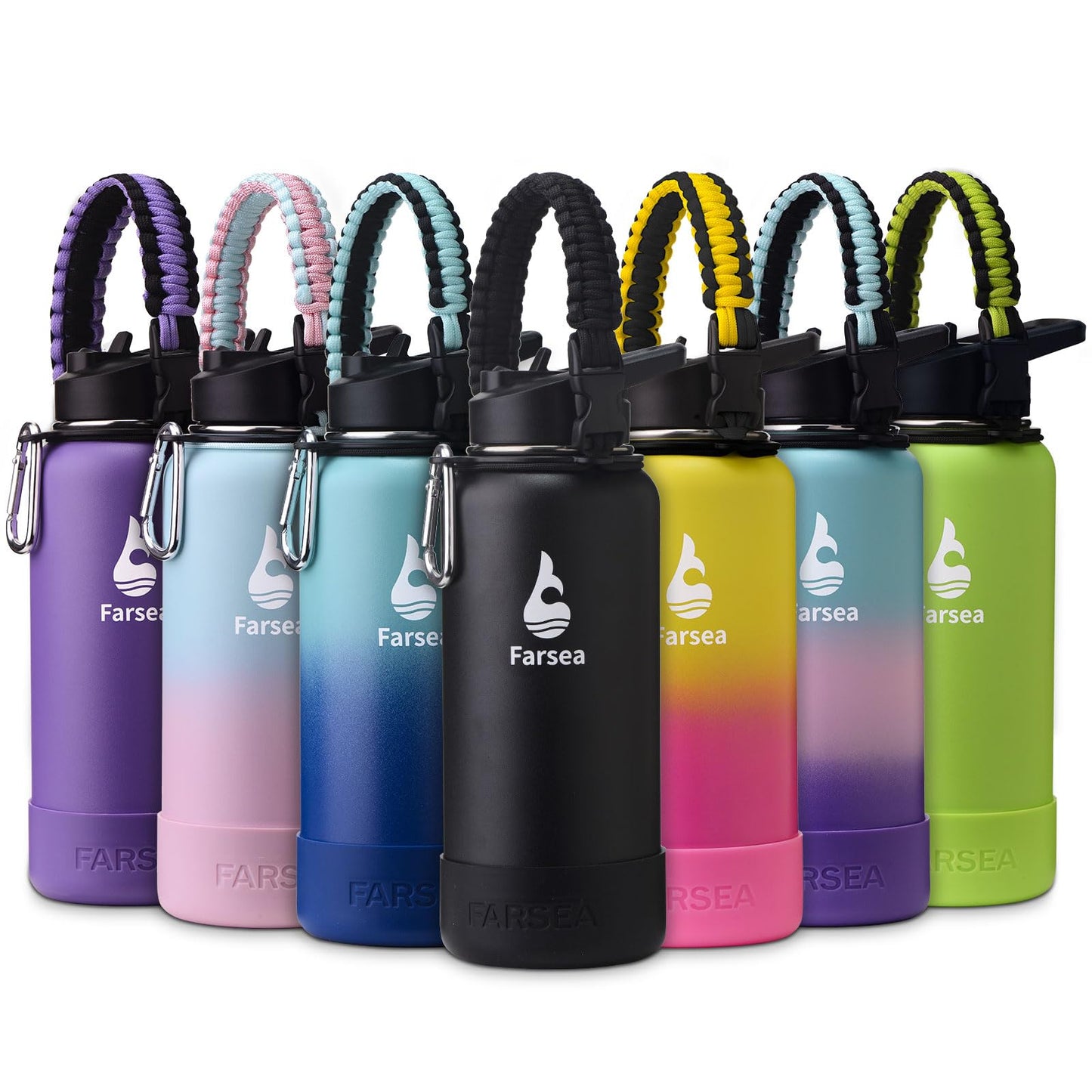 Farsea Insulated Water Bottle With Paracord Handle, Protective Boot and 2 Lids (Straw Lid & Spout Lid), Stainless Steel Water Bottle Wide Mouth, Double Wall Sweat-Proof BPA-Free, 32 oz