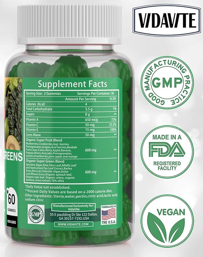 Sugar-Free Fruit and Veggie Gummies — 35+ Greens, Fruit and Vegetable Vitamins to Boost Immunity, Skin & Gut Health — Ideal Fruit and Vegetable Supplement for Adults & Kids (60 Gummies)