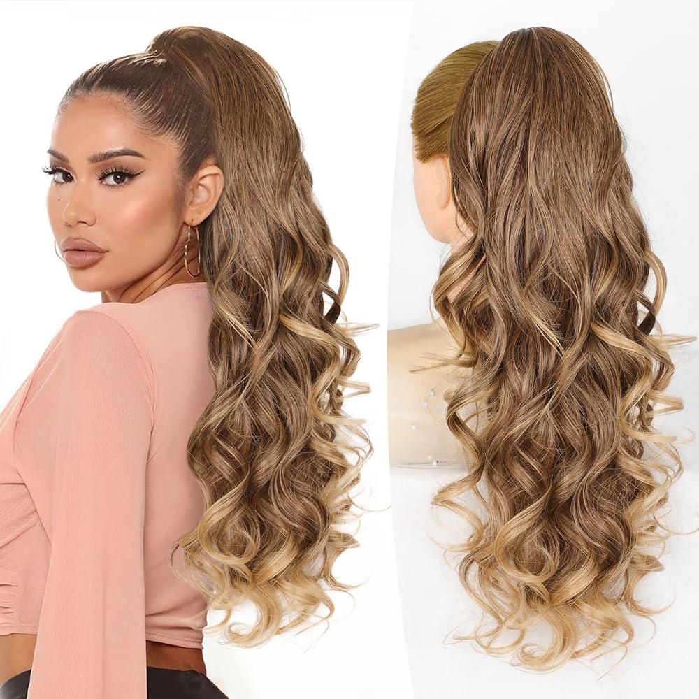 ALXNAN Ponytail Extension,24 Inch Claw Ponytail Hair Extensions for Women,Claw Clip in Long Wavy Synthetic Dark Ash Blonde with Golden Ends Ponytail Extension for Daily Use.