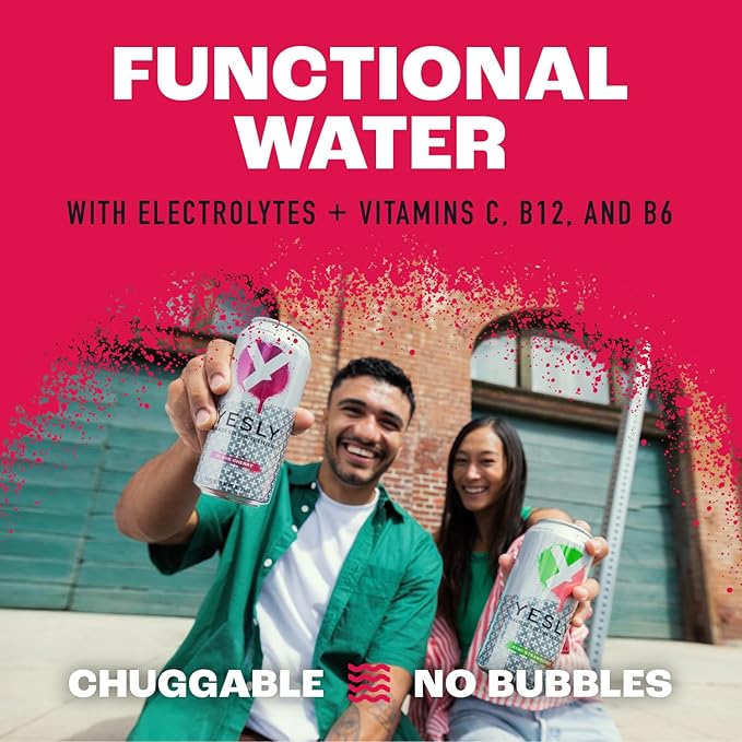 Yesly Functional Water, Black Cherry, Naturally Flavored Still Water with Electrolytes, Magnesium, Potassium, Vitamin C, B6 & B12, Zero Sugar, No Artificial Sweeteners, 16 Fl Oz Cans, 12 Pack