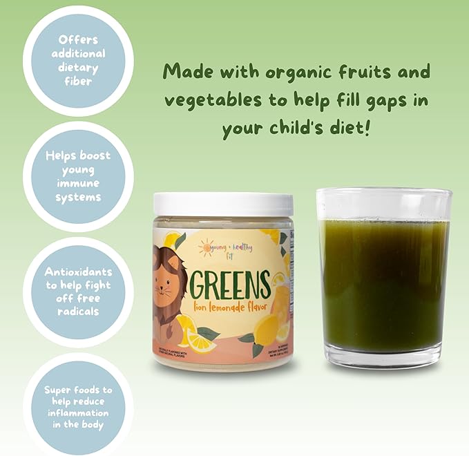 Young + Healthy Fit Kids Greens Powder, 30 Servings, Lion Lemonade, Superfood Drink Mix With Fiber for Digestive Health, Organic Fruits & Vegetables, Antioxidants, Real Food Ingredients, Ages 2+