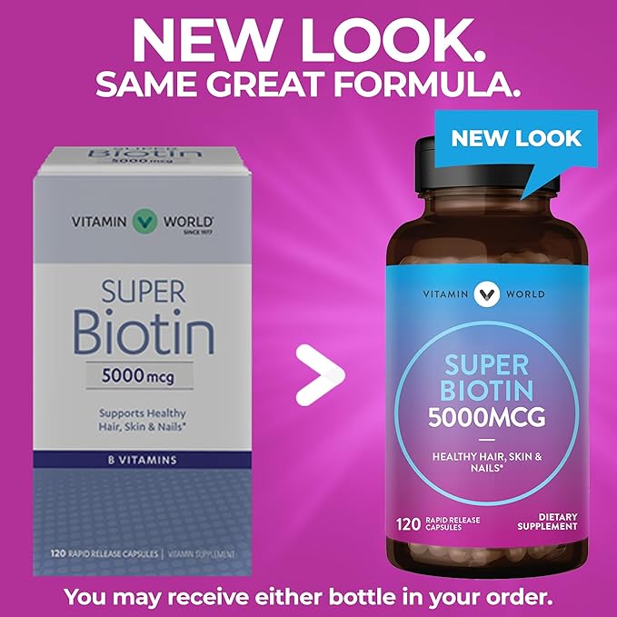 Vitamin World Super Biotin 5000 mcg. 120 Capsules, B Vitamin, Hair, Skin and Nails, Rapid-Release, Gluten Free