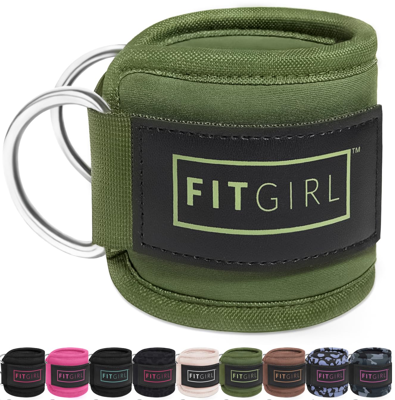 FITGIRL - Ankle Strap for Cable Machines and Resistance Bands, Work Out Cuff Attachment for Home & Gym, Glute Workouts - Kickbacks, Leg Extensions, Hip Abductors, for Women Only (Olive Green, Pair)