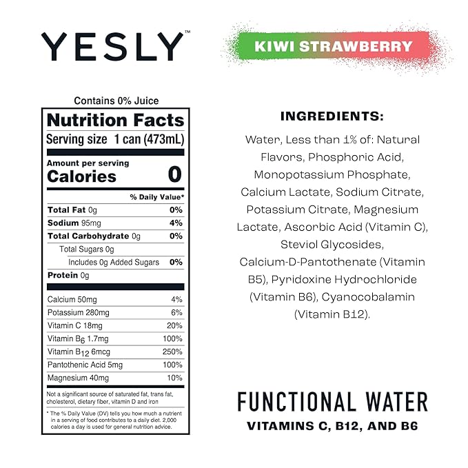 Yesly Functional Water, Kiwi Strawberry, Naturally Flavored Still Water with Electrolytes, Magnesium, Potassium, Vitamin C, B6 & B12, Zero Sugar, No Artificial Sweeteners, 16 Fl Oz Cans, 12 Pack
