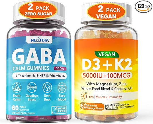 2Pack GABA Gummies 500 mg+ 2Pack Vegan Vitamin D3 5000IU K2 Gummies, Whole Food Blend, Coconut Oil, Magnesium, Zinc