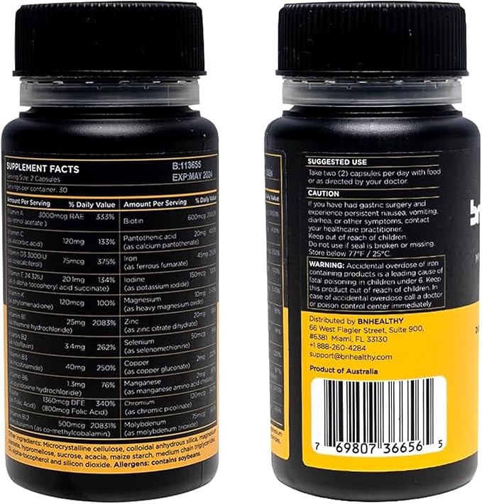 BN Caps - Multivitamin Capsule with 22 Essential Nutrients: Vitamins A, B-6, B-12, C, D3, E, K, Biotin, Iron & Zinc, Supports Men & Women Overall Health, 60 Capsules, 60 Days Supply