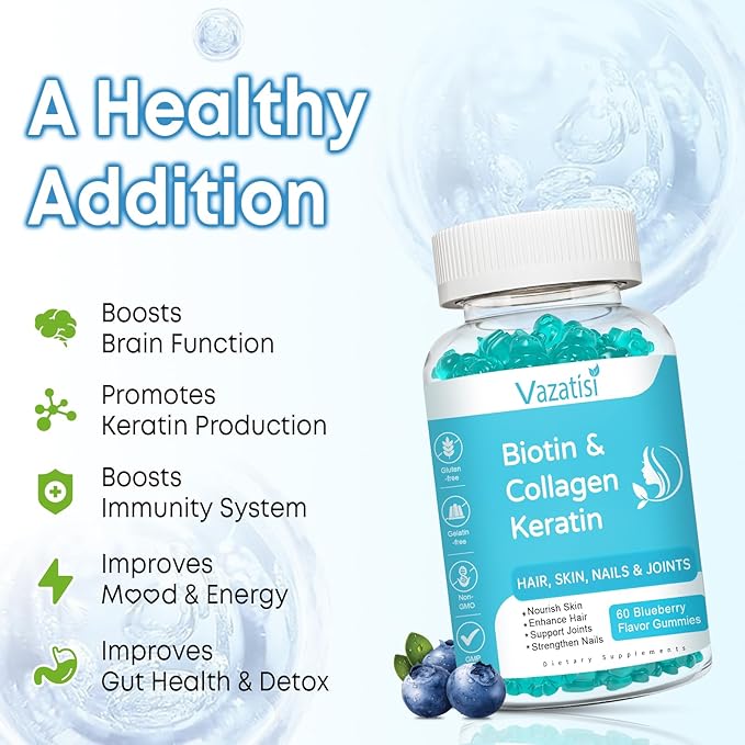 2 Pack Biotin Gummies with Collagen & Keratin for Hair Skin Nails- Women Men, Kids - 120 Blueberry Flavored Gummies