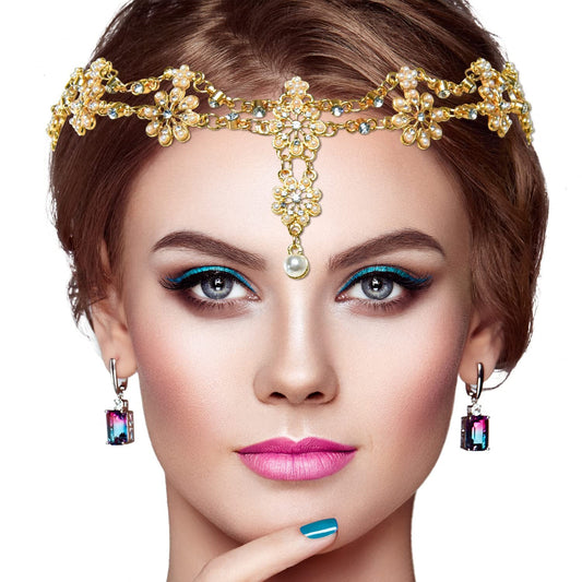 Gonioa Head Chain Jewelry Headband Crystal Bohemian Hair Accessories With Peal Women Head Chains Forehead Chain Rhinestone Headp