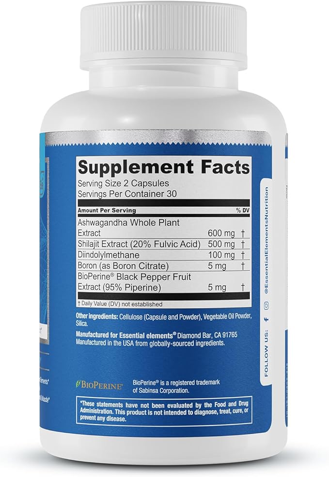 Essential Elements Male Health Supplement - Muscle Support & T-Health with DIM, Ashwagandha, Shilajit, More | T-Hero 60 Vegan Capsules (2-Pack)