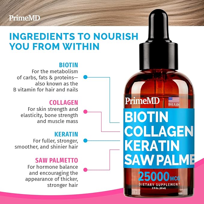 4-in-1 Liquid Biotin Collagen Keratin Saw Palmetto Drops (2 fl oz - 2 Pack) & 6-in-1 Maca Root Ashwagandha w Black Pepper Fruit (120ct) Bundle - Hair, Skin, Nails, Energy & Mood Support Supplement