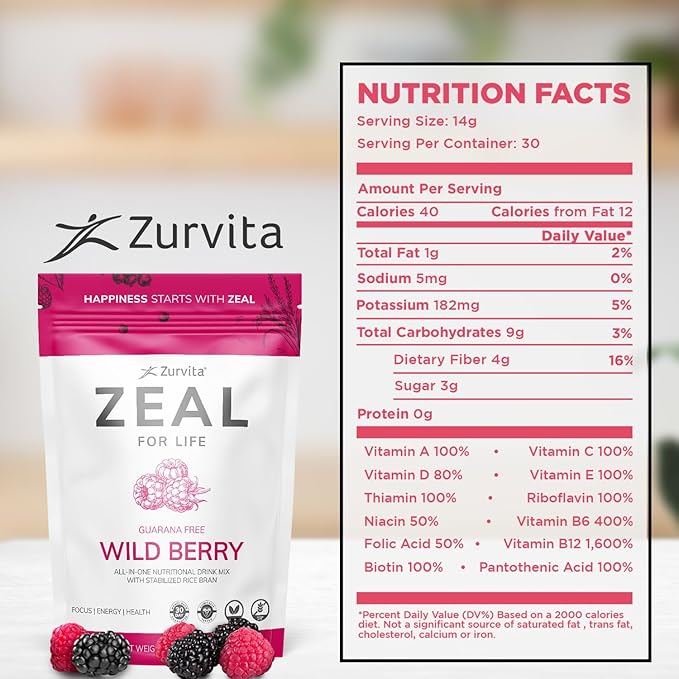 Zurvita - Zeal for Life 30-Day Wellness Bag - Wild Berry (Guarana Free) - Nutritional Supplement for Vitality, Immunity, and Wellness - 420 Grams