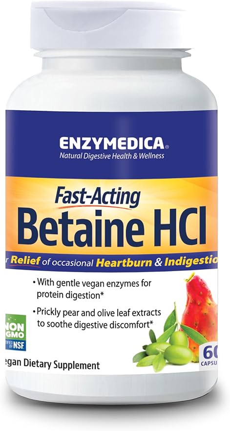 Enzymedica, Betaine HCl, Occasional Heartburn and Indigestion Support, 60 Capsules