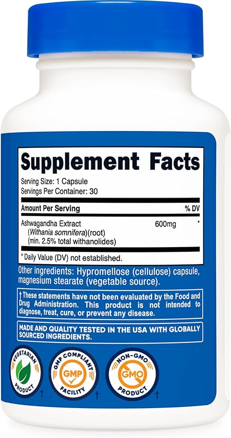 Nutricost Ashwagandha Root Extract Herbal Supplement 600mg, 30 Capsules - Vegetarian, GMO-Free, Gluten Free