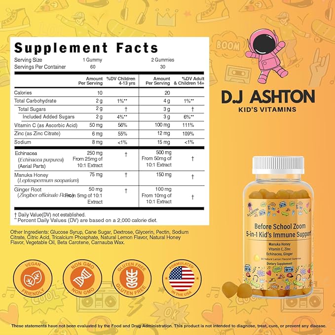 5-in-1 Kid's Immune Support Gummy, Manuka Honey, Vitamin C, Zinc, Echinacea, Ginger, Gummy Supplement, Essential Immune Support Gummies for Daily Use, Natural Citrus Flavored - 60 Count