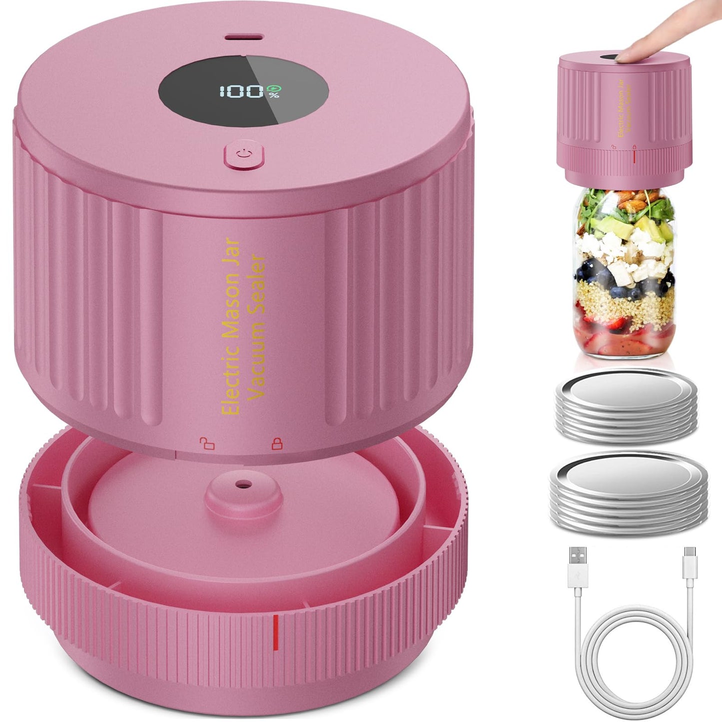 LOVE MOMENT Electric Mason Jar Vacuum Sealer Kit for Wide Mouth and Regular Mouth Mason Jar - Pink
