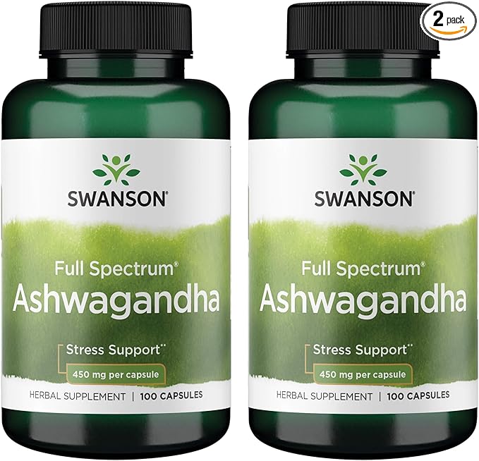 Swanson Ashwagandha Powder Supplement - with Ashwagandha Root to Promote Stress Relief & Energy - Ayurvedic Supplement for Natural Wellness (100 Capsules, 450mg Each) 2 Pack