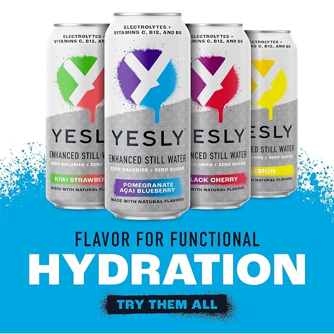 Yesly Functional Water, Variety Pack, Naturally Flavored Still Water with Electrolytes, Magnesium, Potassium, Vitamin C, B6 & B12, Zero Sugar, No Artificial Sweeteners, 16 Fl Oz Cans, 12 Pack