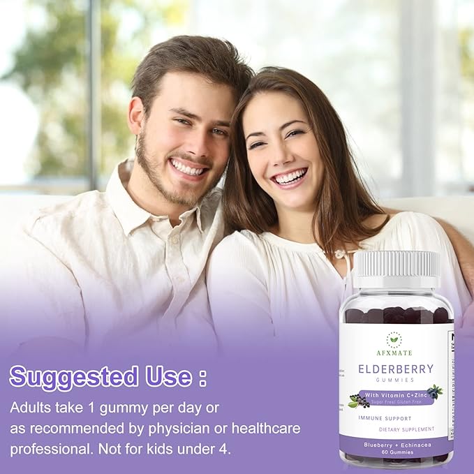 AFXMATE Sambucus Elderberry Gummies, Black Elderberry Gummy with Zinc and Vitamin C for Adults, Sugar Free Kids Multivitamin Gummies Immune Support* Supplement (2 Pack)