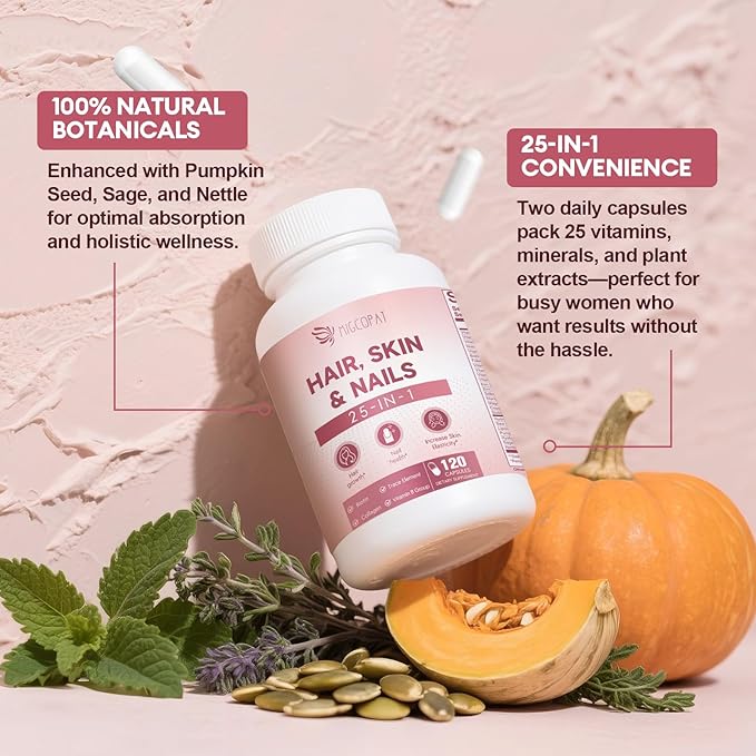 25-in-1 Formula Hair, Skin & Nails Supplement with Biotin 10,000mcg, Collagen, Vitamin B, C, D3, E, Folate, Iron for Women