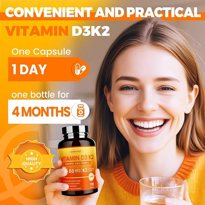 ZEBORA Vitamin D3 K2 Capsules, Bone and Heart Health Formula 5000 IU Vitamin D3 & 100 mcg Vitamin K2, Max Strength 4 in 1 Immune Support and Calcium Absorption, Gluten Free