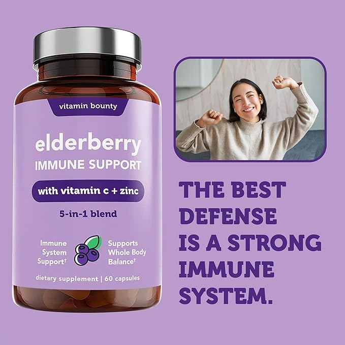 Vitamin Bounty Elderberry Immune Support - with Zinc, Vitamin C & Echinacea, Advanced 5-in-1 Blend, Powerful Antioxidant, Supports Whole Body Balance, Non-GMO - 60 Capsules, 2 Pack