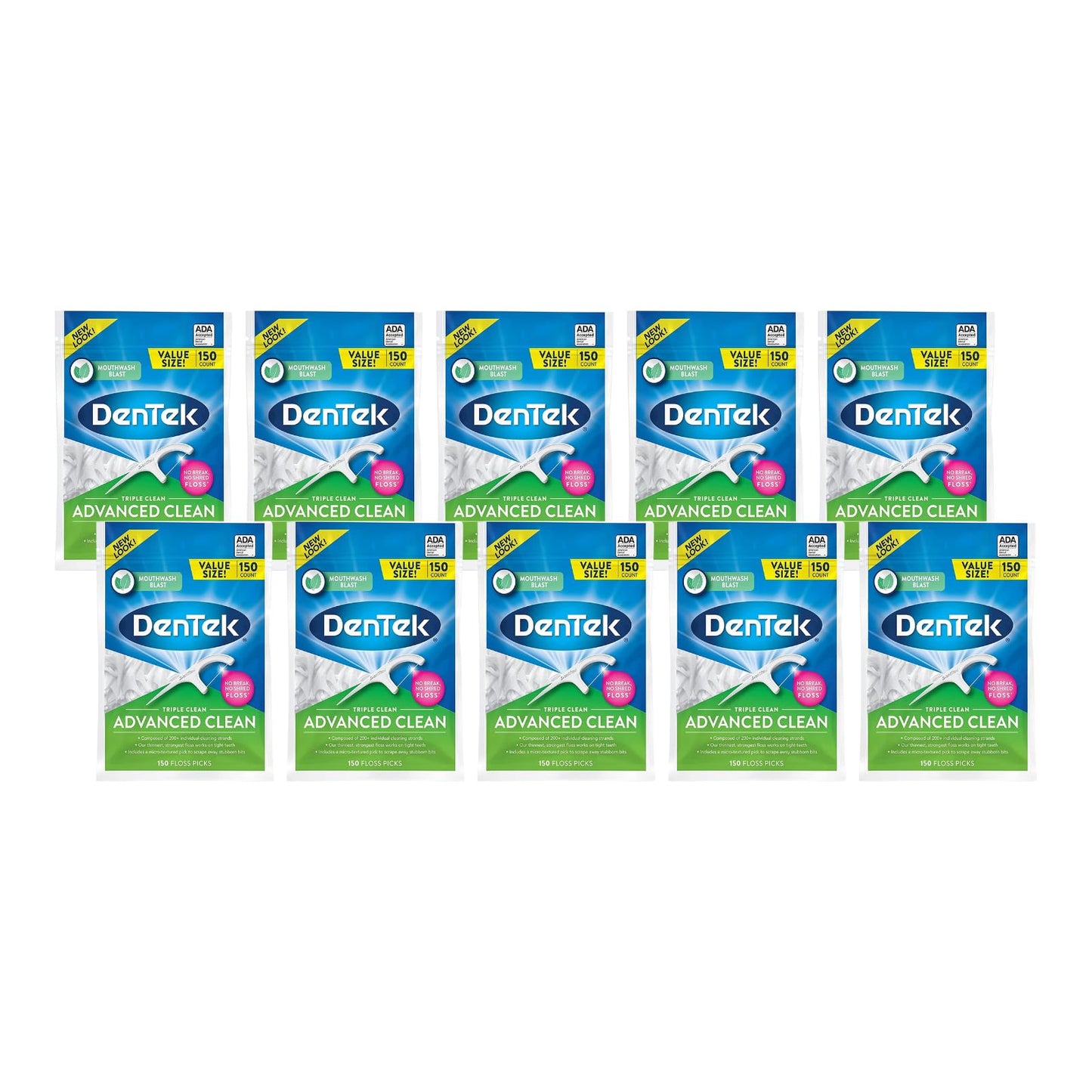 DenTek Triple Clean Advanced Clean Floss Picks, No Break & No Shred Floss, 150 Count (Pack of 10)