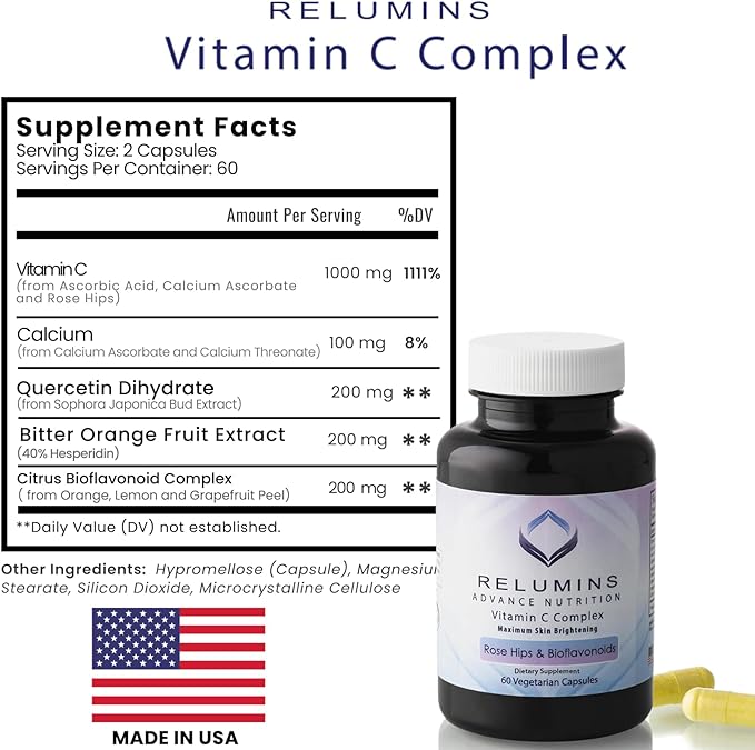 Relumins Skin & Immune Booster Vita Bundle – Advanced Vitamin C 1000mg with Rose HIPS (180 Capsules) + Max Strength Glutathione Booster (30 Veg Capsules) – Antioxidant & Skin Support, Halal Certified