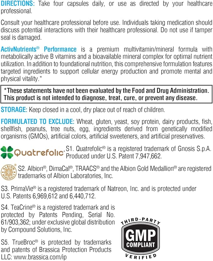 XYMOGEN ActivNutrients Performance - Multivitamin/Multimineral for Energy Support with Shilajit, ALA, NAC, Bacopa Extract, Chelated Minerals + B Vitamins with Folate (120 Capsules)