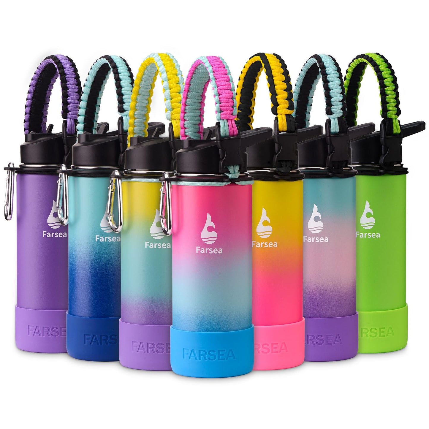 Farsea Insulated Water Bottle With Paracord Handle, Protective Boot and 2 Lids (Straw Lid & Spout Lid), Stainless Steel Water Bottle Wide Mouth, Double Wall Sweat-Proof BPA-Free, 18 oz