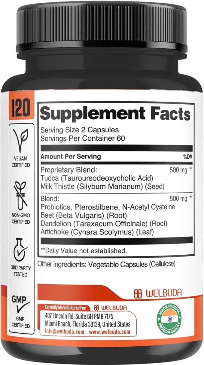 8in1 Tudca 1000mg Supplement - 120 Capsules for 2 Months - Extra Strength with Milk Thistle, Probiotics, Beet Root, Dandelion & More - Support for Immune System, Digestion Health & Brain Health