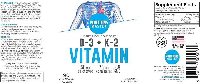Vitamin D-3 50mcg 2000 IU + K-2 75mcg 90ct Chewable Tablets