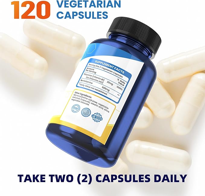 120 Capsules containing 500 mg of Vitamin B1, Non-GMO, Vegan, Gluten Free, Benfotiamine