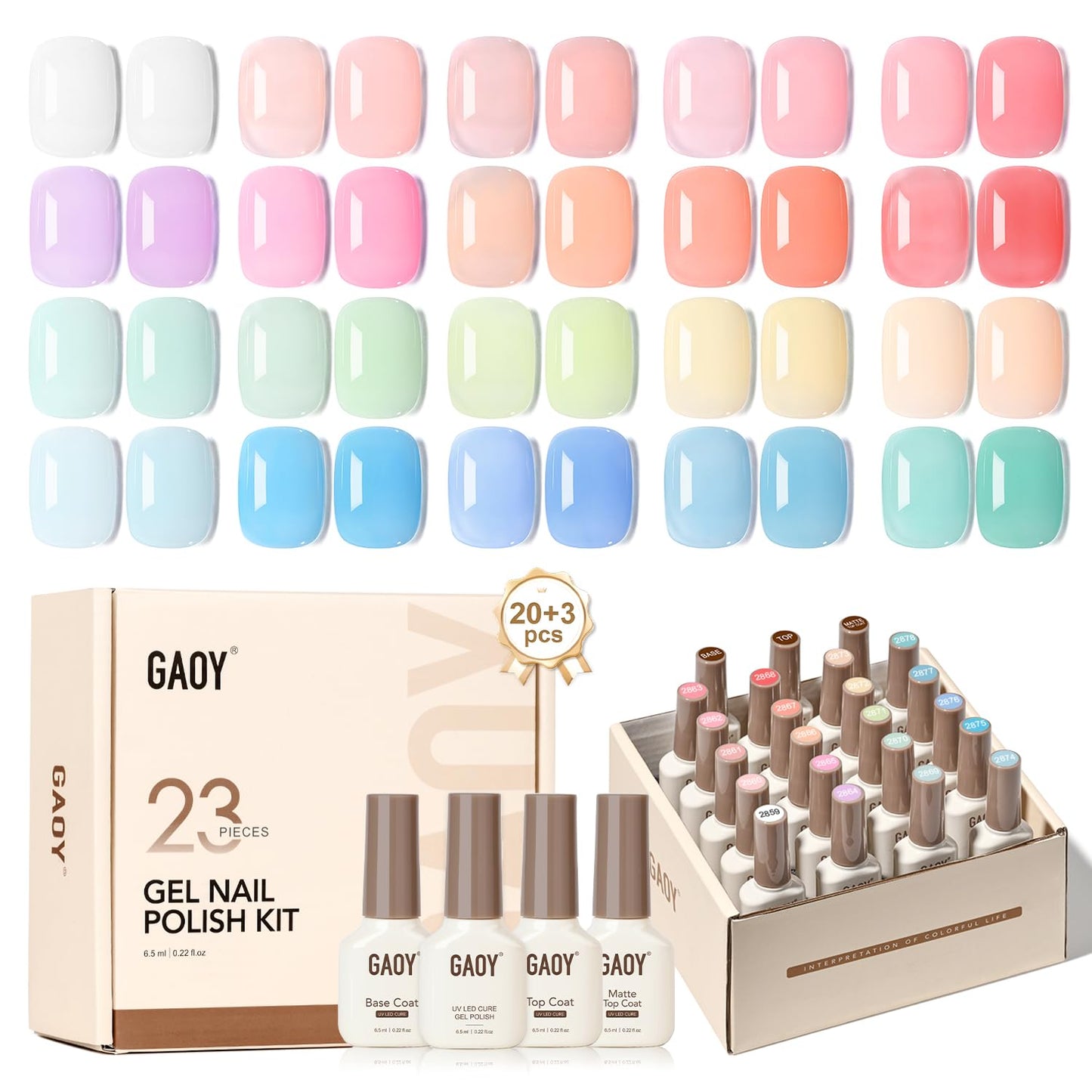GAOY 23 Pcs Jelly Gel Nail Polish Kit, Transparent Pink Green Blue Purple Nude Colors UV Gel Nail Polish Set with Glossy & Matte Top Coat and Base Coat for Nail Art DIY Gel Nail Kit