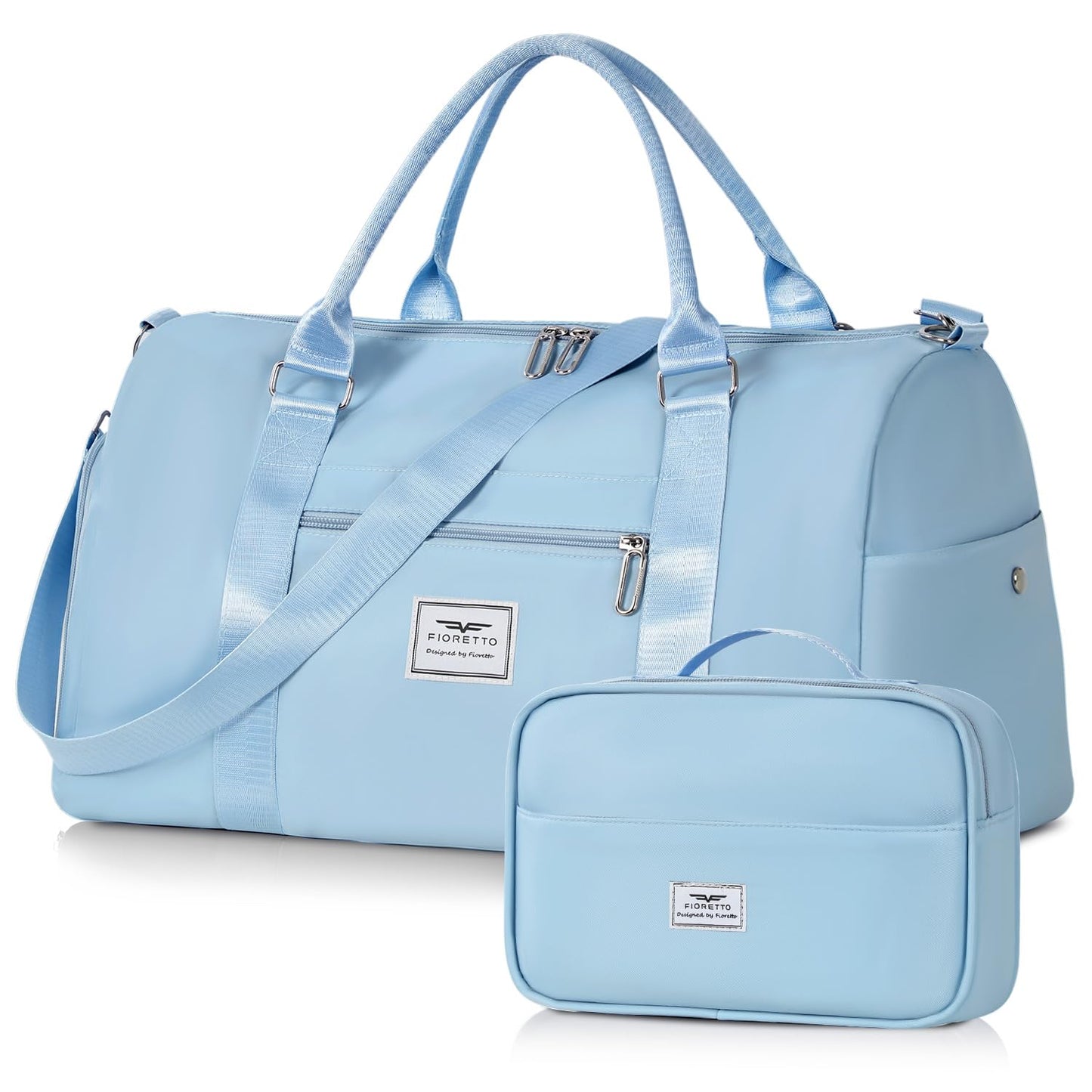 FIORETTO Womens Gym Tote Duffle Bag with Toiletry Bag, Sports Duffel Overnight Hospital Workout Carry on Bag for Girls with Wet Pocket & Shoe Compartment, Ideal for Travel, Swimming, Dance Light Blue