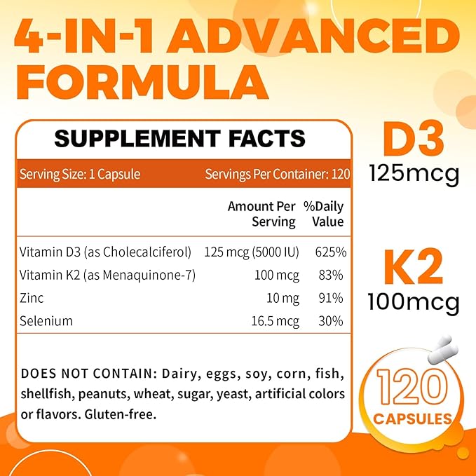 ZEBORA Vitamin D3 K2 Capsules, Bone and Heart Health Formula 5000 IU Vitamin D3 & 100 mcg Vitamin K2, Max Strength 4 in 1 Immune Support and Calcium Absorption, Gluten Free