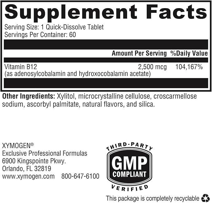 XYMOGEN Adeno+Hydroxo B12 - Non-Methylated (2,500mcg) - Quick-Dissolve B12 Lozenges with Adenosylcobalamin B12 + Hydroxocobalamin - Cognitive Support, Fruit Punch Flavor (60 Tablets)
